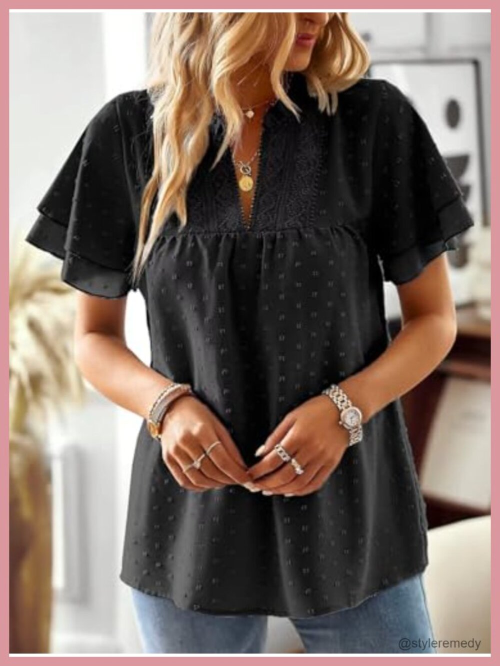 Womens V Neck Crochet Lace Blouse Short Sleeve Swiss Dots Top - Picture 4 of 6